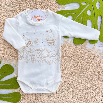 Kit 3 Peças - Bodys Manga Longa Abelha Fofa com Tule - Rosa, Off White e Rose